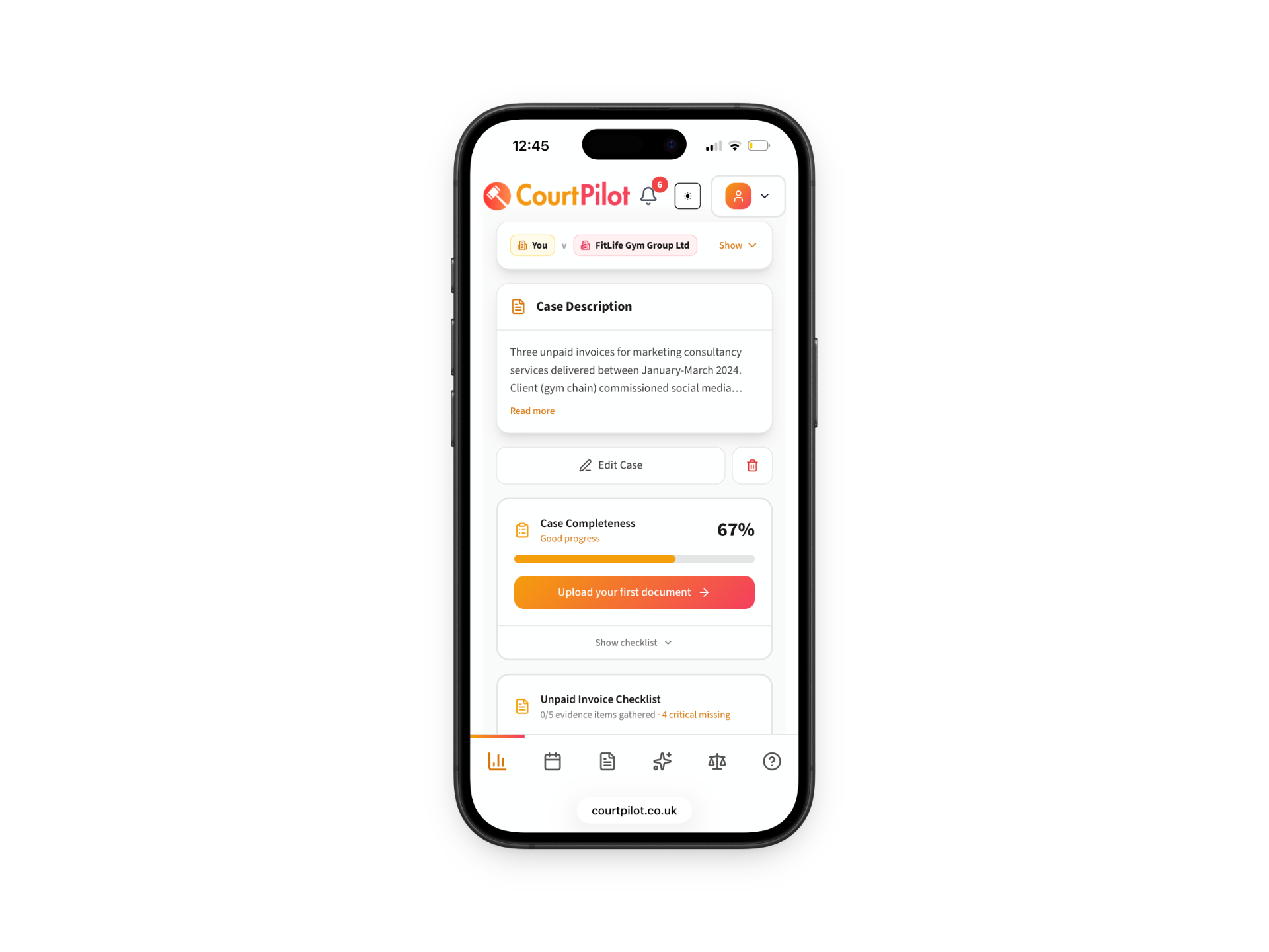 CourtPilot case dashboard on mobile